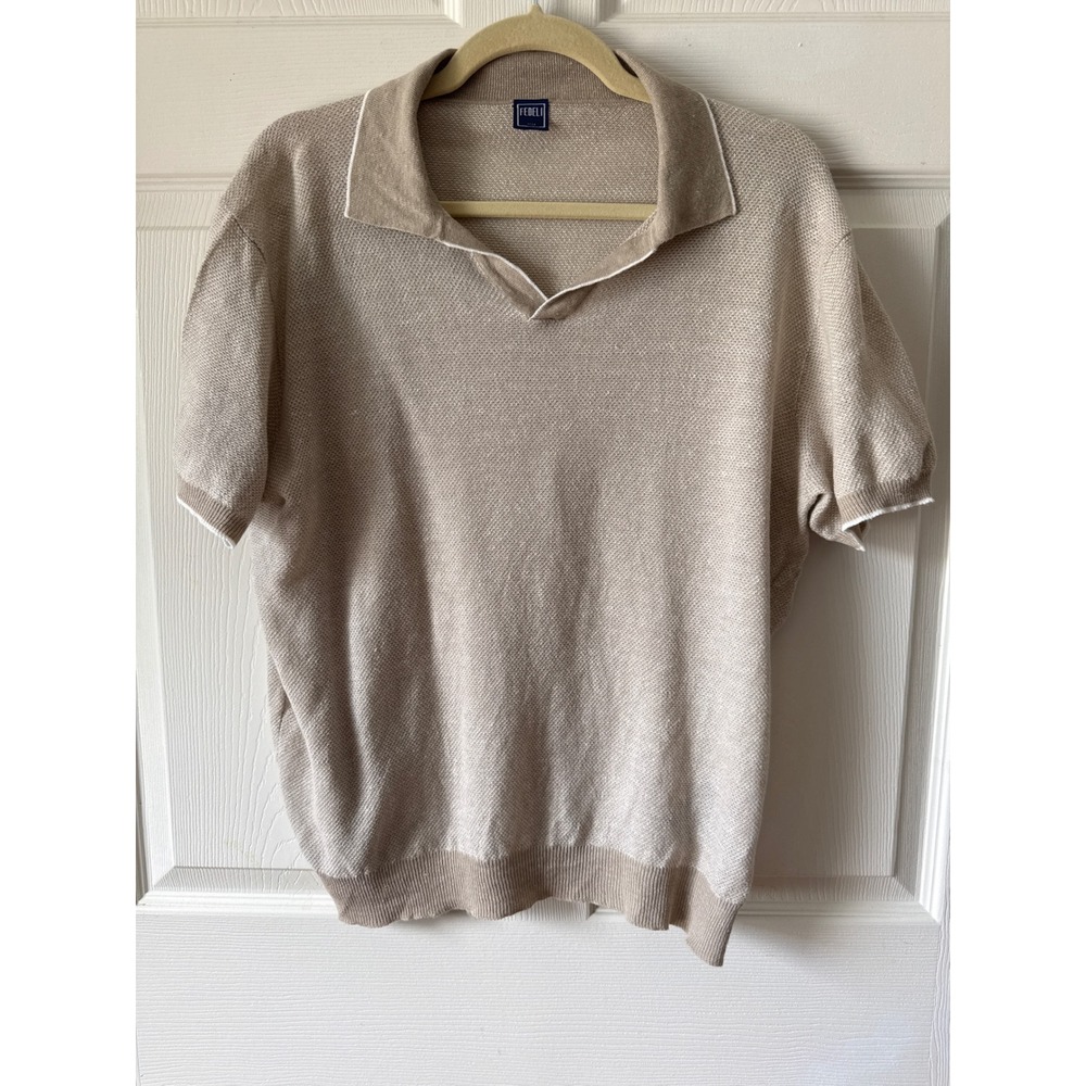 Fedeli Polo Sweater Mens 50 Beige Linen Cotton Short Sleeve Made in Italy Luxury